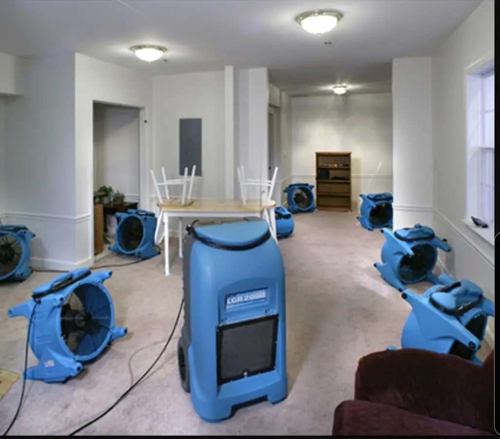 Air movers and dehumidifier setup for Water Damage Restoration in Blooming Grove